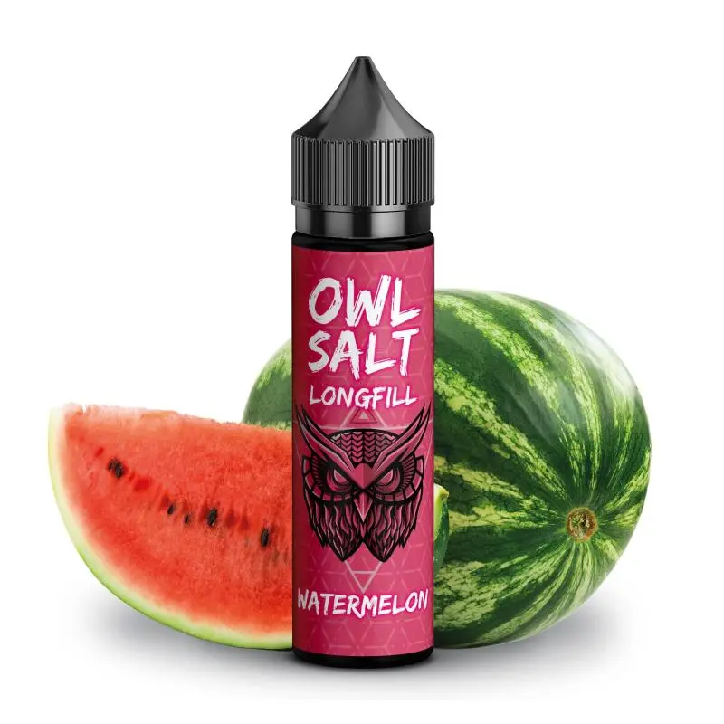 source75025.jpg OWL Salt Watermelon Longfill in pinker 60-ml-Flasche vor frischen Wassermelonen-Stücken