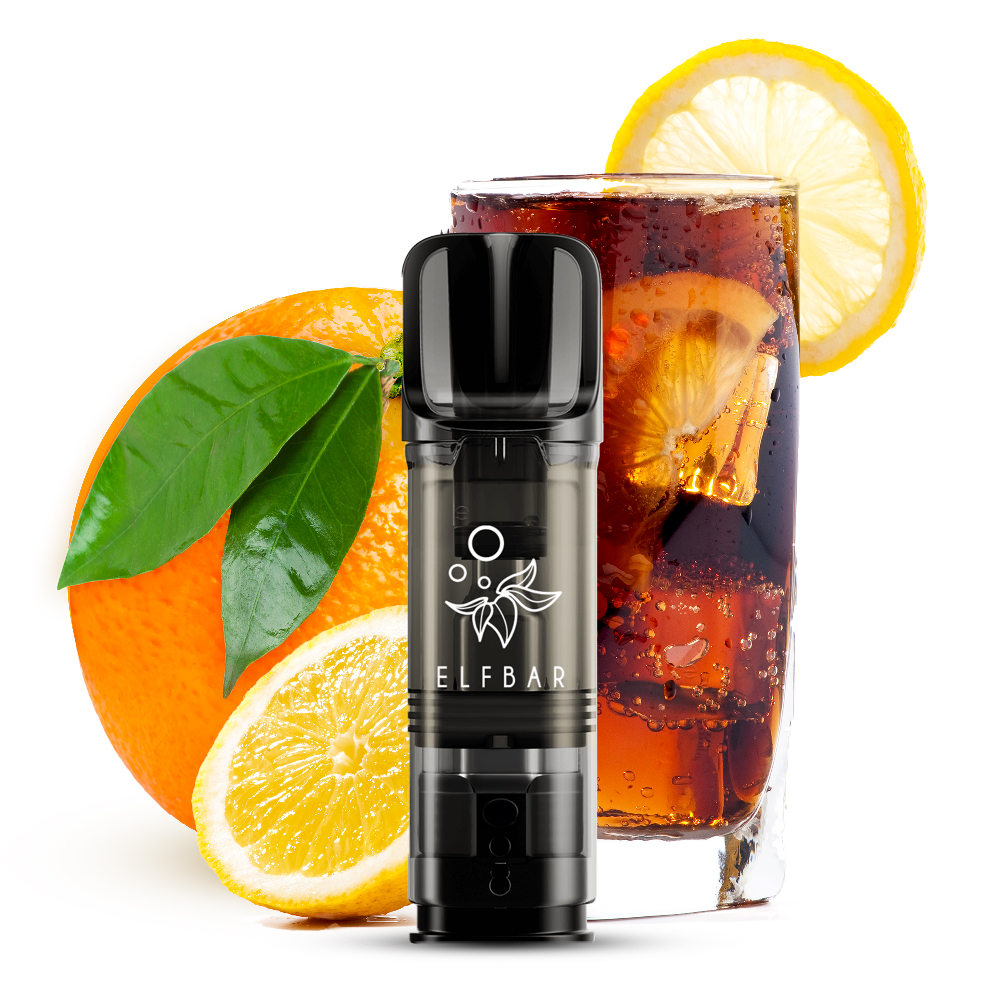 Elfbar Elfa Prefilled Pod Cola & Orange – einzelner schwarzer Pod vor Orange und Cola-Glas
