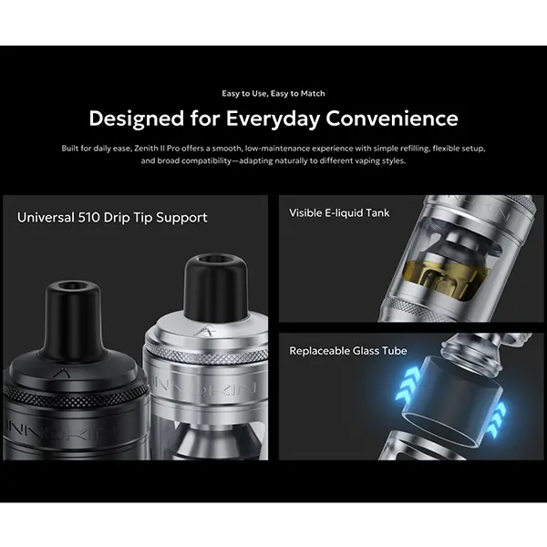Innokin Zenith 2 Pro Tank Verdampfer, Feature-Übersicht mit drip tip, Glastank und Coil-Details