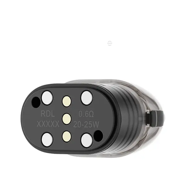 Oxva VPrime Ersatz-Pod Unterseite mit Kontaktpins und Coil-Wattangabe auf schwarzem Boden