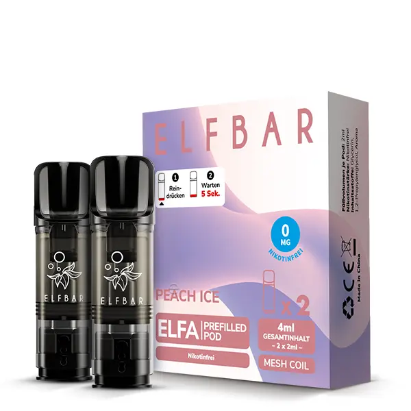 elfbar-elfa-peach-ice-5.jpg Elfbar Elfa Prefilled Pod Peach Ice 0mg 2er-Pack in lila-weißer Verpackung mit zwei schwarzen Pods