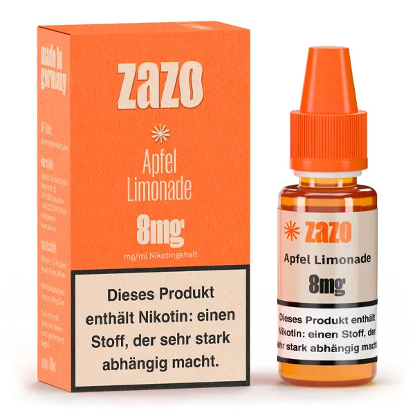 ZAZO Neo Apfel-Limonade 10ml Liquid 8mg – orange Verpackung mit Flasche, Frontansicht