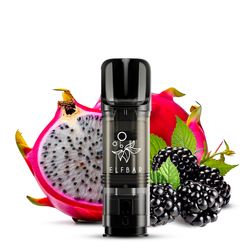 Elfbar Elfa Prefilled Pod Dragon Fruit Blackberry – schwarzer Pod vor Drachenfrucht und Brombeeren