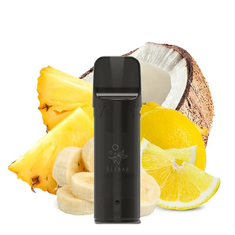 Elfbar Elfa Prefilled Pod Tropical Fruit – schwarzer Pod vor tropischen Früchten wie Ananas, Banane und Kokosnuss