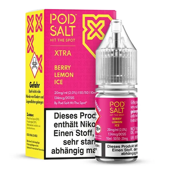 PodSalt Xtra Berry Lemon Ice 10ml Nikotinsalz-Liquid – Flasche mit pinker Verpackungsbox