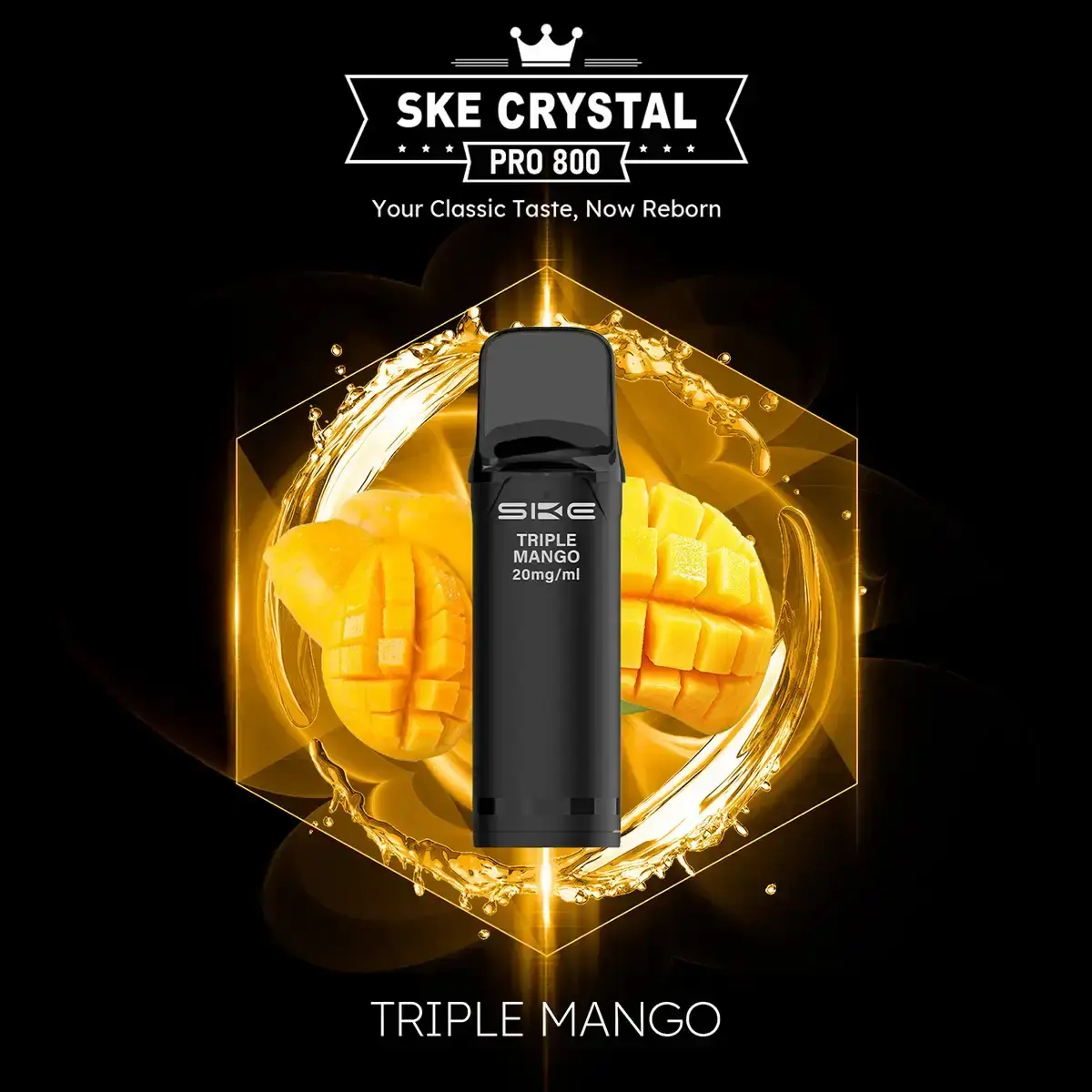 SKE Crystal 800 Pro Prefilled Pod Triple Mango – einzelner schwarzer Pod vor goldenem Mango-Hintergrund