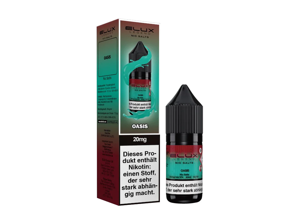 Elux Oasis 10ml Nikotinsalz-Liquid – 20mg Flasche mit rot-grüner Verpackung, Seitenansicht