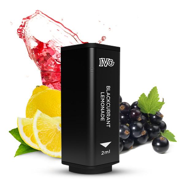 IVG 2400 Prefilled Pod in Schwarz mit Blackcurrant Lemonade Aufdruck, daneben Zitronen und schwarze Johannisbeeren