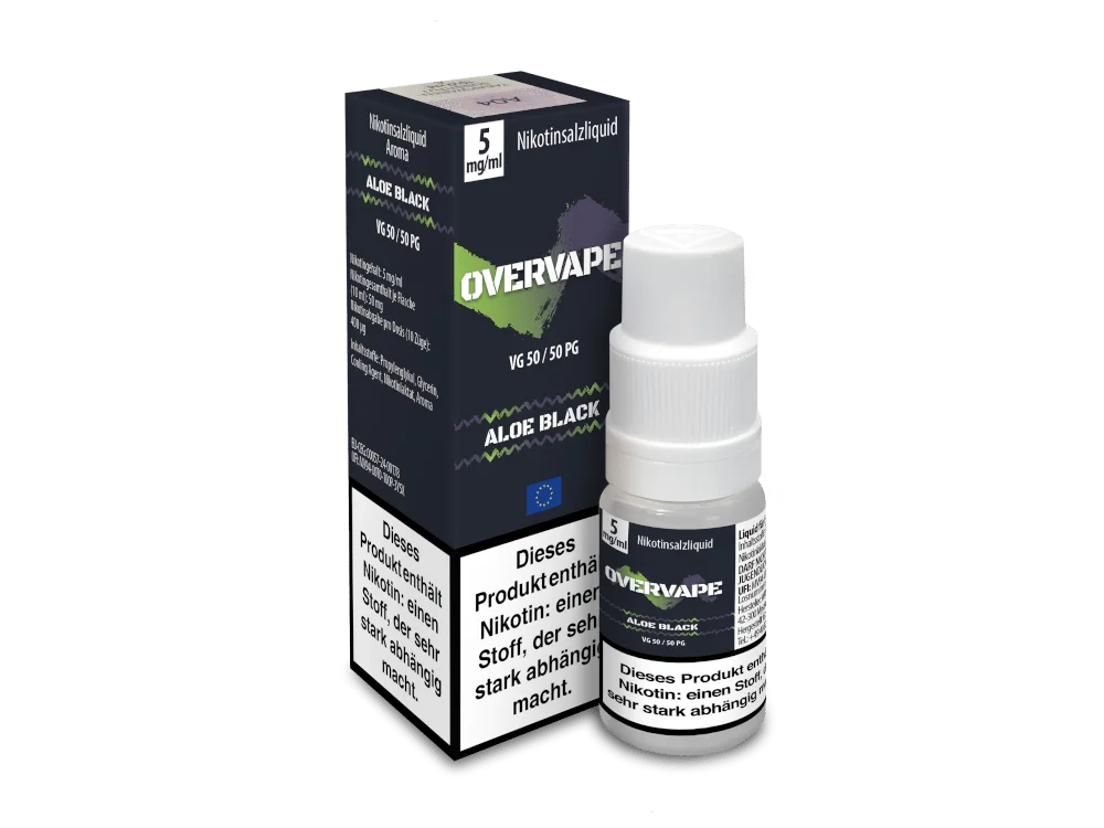 Overvape Aloe Black Nikotinsalz-Liquid 10ml – Flasche mit blau-schwarzer Verpackungsbox, Schrägansicht