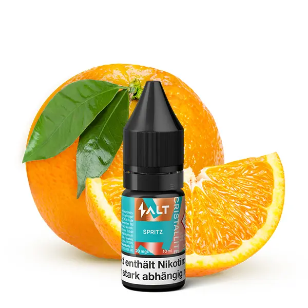 salt-cristallite-spritz-nikotinsalz-1.jpg 10ml-Flasche vor halbierten Orangen – SALT Cristallite Spritz Nikotinsalz-Liquid