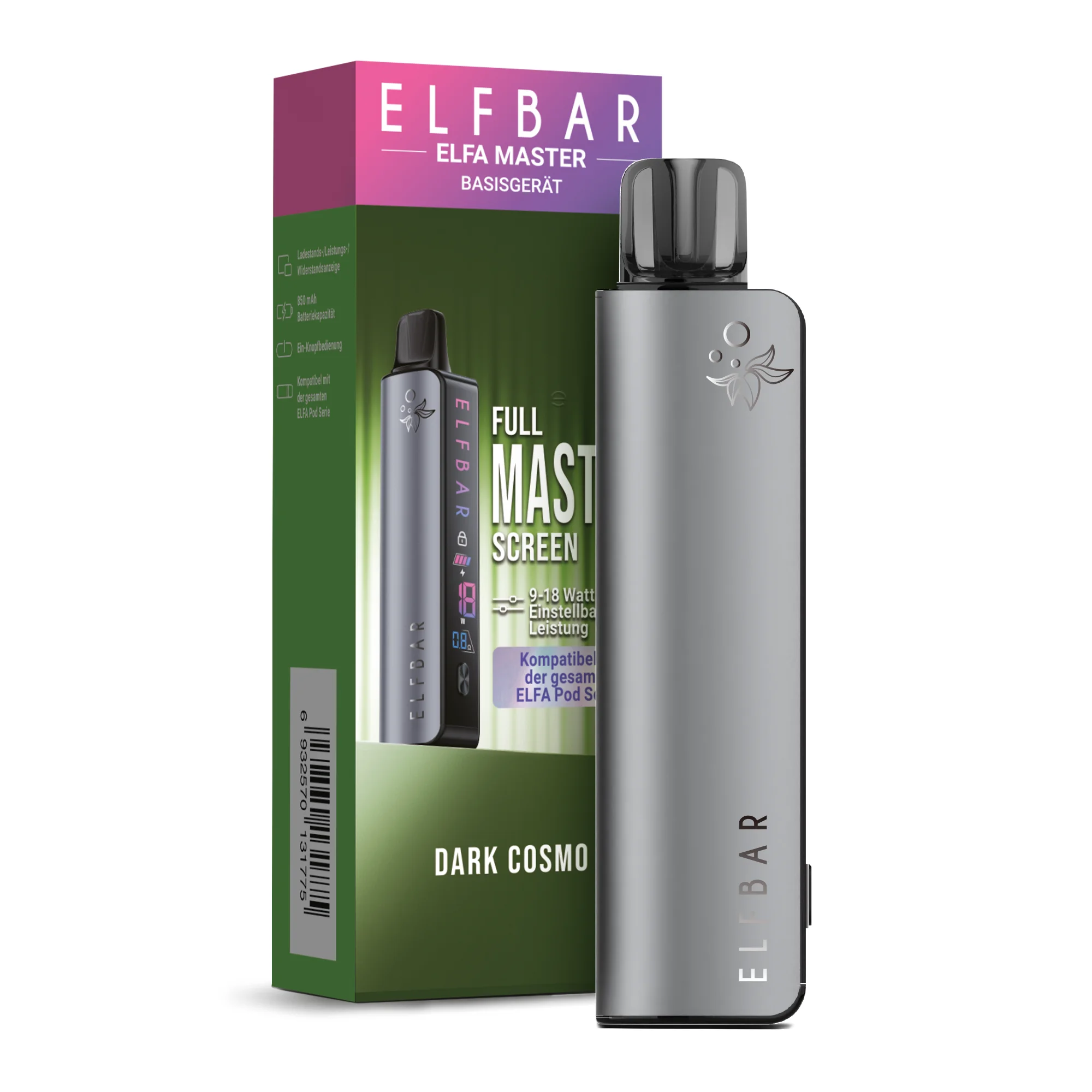 dark-cosmo-2aTKJnLDZcofiC.png Elfbar Elfa Master Basisgerät in Dark Cosmo – silbergraues Gerät mit passender Verpackung