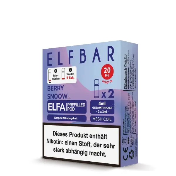 Elfbar Elfa Pods 20mg/ml Berry Snow im 2er Pack – lila-dunkelblaue Verpackung mit zwei vorgefüllten Pods