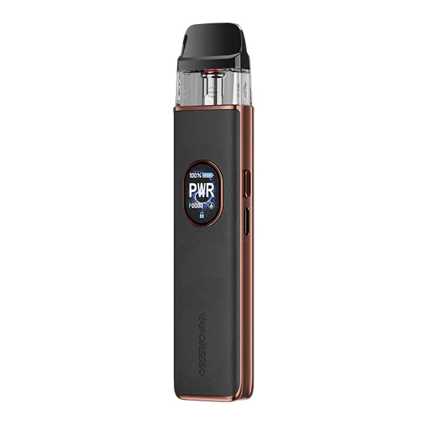 Vaporesso XROS 5 Pod Kit Leather Edition in dunklem Braun-Schwarz mit Display und seitlichem Lederband