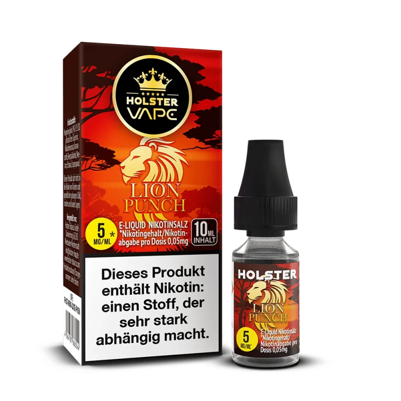 Holster Lion Punch 10ml Nikotinsalz-Liquid – orange-rote Verpackung mit Löwenmotiv, 5 mg/ml