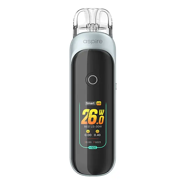 Aspire Pixo Pod Kit in Hellblau-Silber – Pod-System mit buntem Display und aufgestecktem Pod, Frontansicht