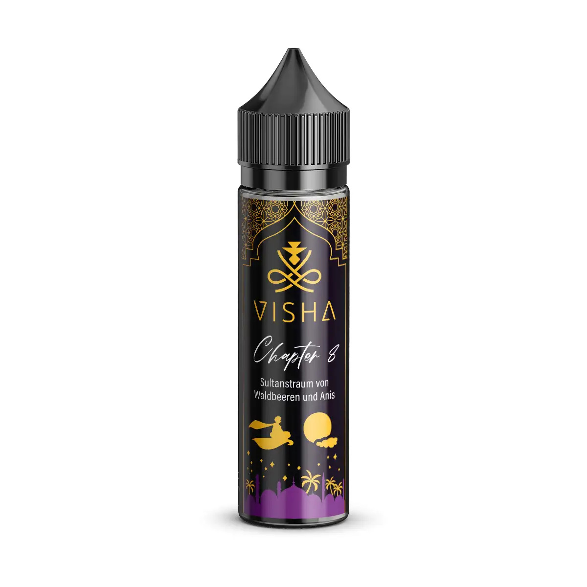 Visha Chapter 8 Longfill – schwarze 60ml Flasche mit lila-goldener Fruchtgrafik aus Traube und Banane