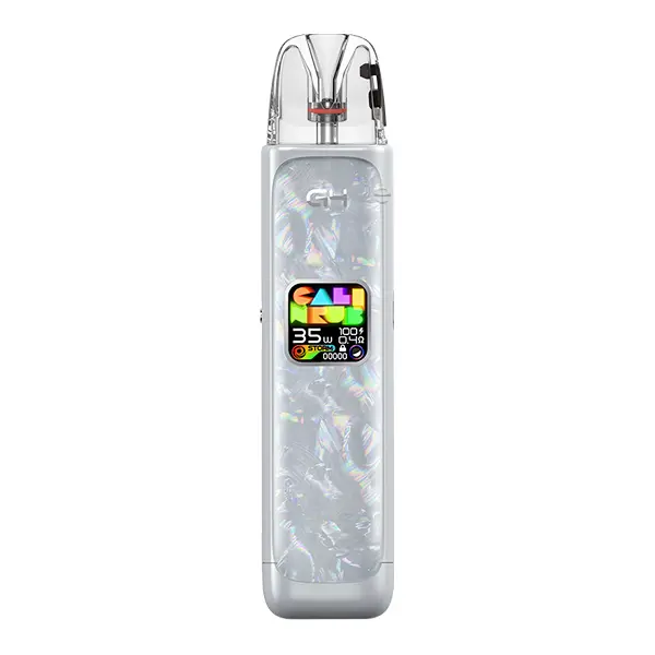 Uwell Caliburn G4 Pod Kit in Seashell White – weißes Gerät mit Perlmutt-Maserung, farbigem Display und aufgesetztem Pod