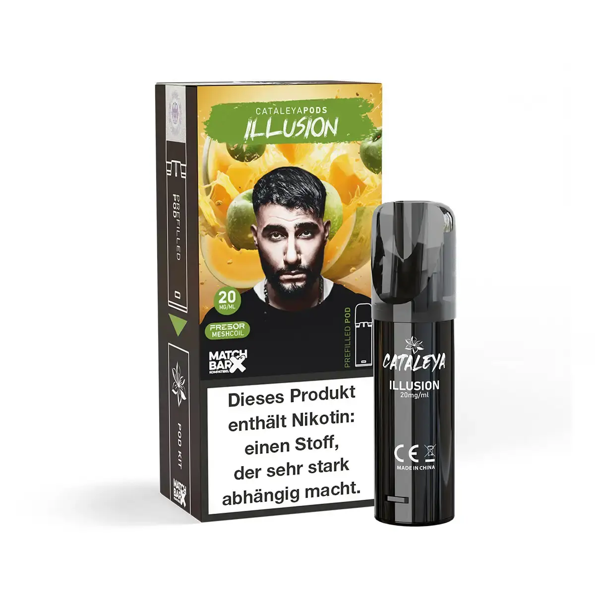 Cataleya Prefilled Pod Illusion – Verpackung mit Männerporträt und Pod in Schwarzgold, Ananas-Geschmack