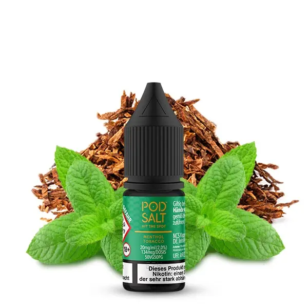 PodSalt Origin Menthol Tobacco 10ml Nikotinsalz-Liquid grüne Flasche mit Minzblättern und Tabak