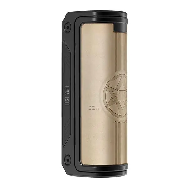 Lost Vape Thelema Solo 100W Akkuträger in Champagner-Gold mit schwarzem Rahmen und Sternlogo, Frontansicht