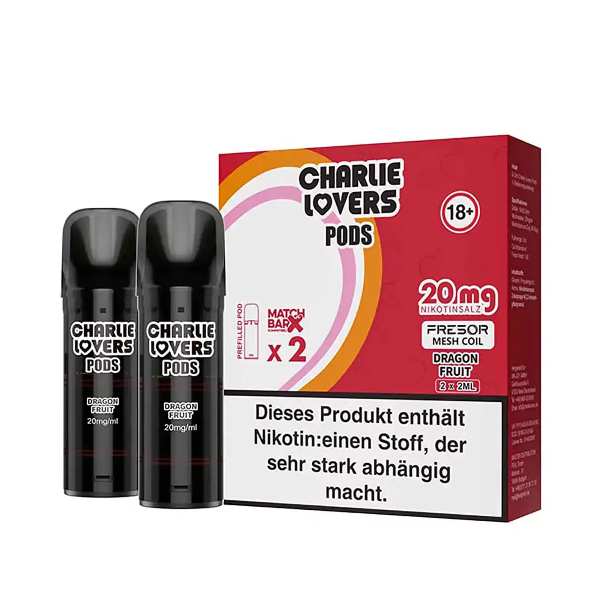 Charlie Lovers Prefilled Pod Dragonfruit – 2er-Pack mit roter Verpackung und zwei schwarzen Pods nebeneinander