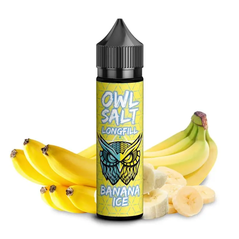 source726803.jpg OWL Salt Banana Ice Longfill – gelbe 60ml Flasche mit frischen Bananen auf gelbem Hintergrund