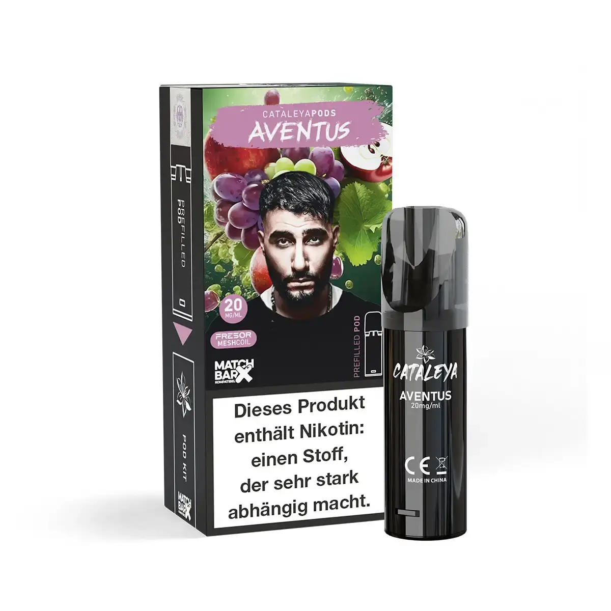 Cataleya Prefilled Pod Aventus – dunkle Verpackung mit Pod, Weintrauben-Motiv und Aventus-Schriftzug