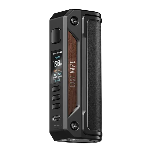 Lost Vape Thelema Solo 100W Mod Akkuträger in Schwarz mit braunem Holzdekor-Seitenpanel, Frontansicht