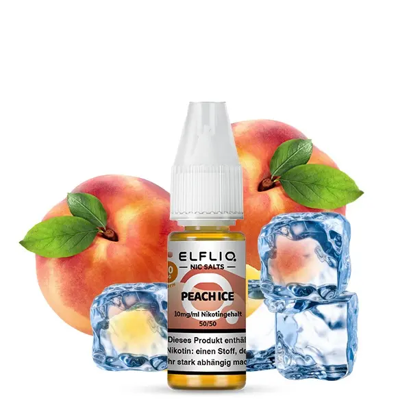 Elfbar Elfliq Peach Ice 10ml Nikotinsalz-Liquid – Flasche freigestellt vor Pfirsich und Eiswürfeln