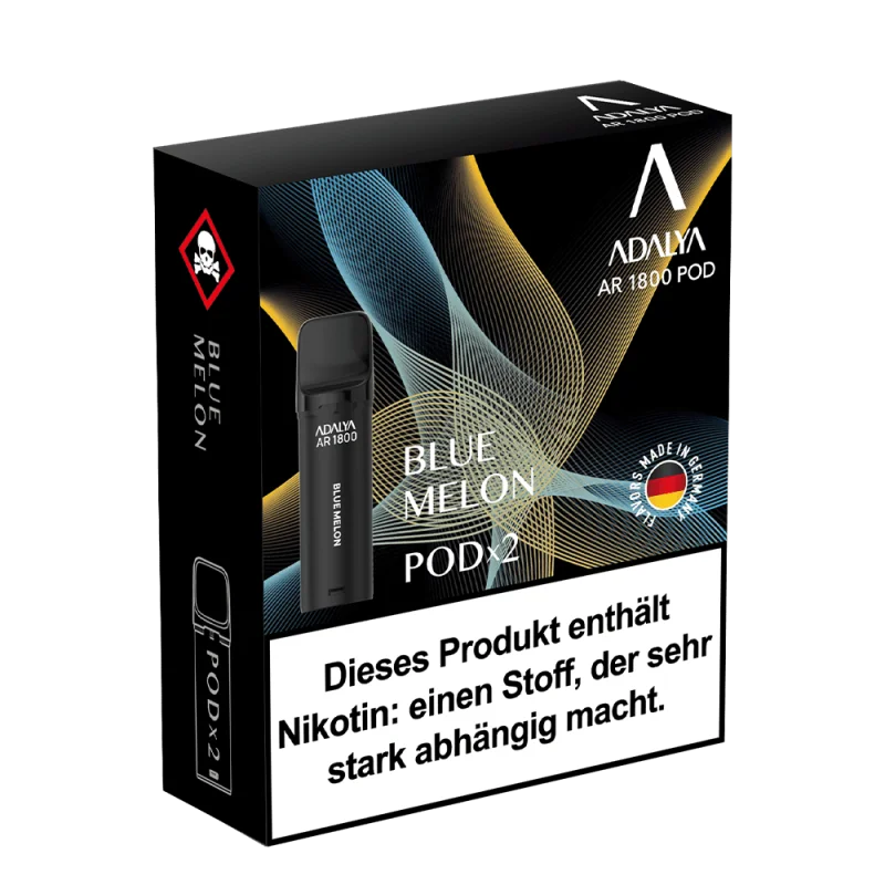 Adalya AR1800 Prefilled Pod Blue Melon – 2er-Pack in dunkler Verpackung mit blauer Schrift und Pod-Abbildung
