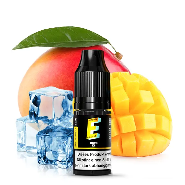 E-Intense Mango Ice 10ml Nikotinsalz-Liquid – schwarze Flasche mit Mangos und Eiswürfeln im Hintergrund