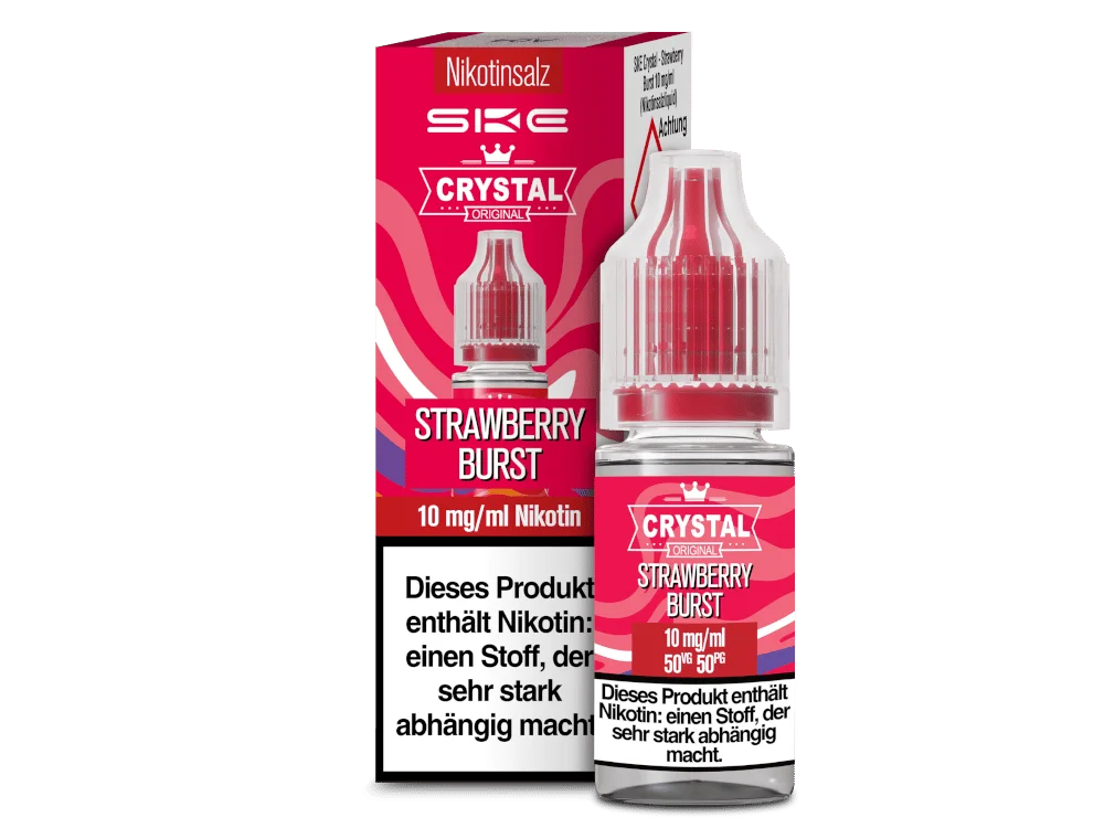 ske_crystal_nicsalt_strawberry-burst_10mg_1000x750.png SKE Crystal Strawberry Burst 10ml Nikotinsalz-Liquid, rote Flasche mit roter Verpackung, 10 mg Nikotin