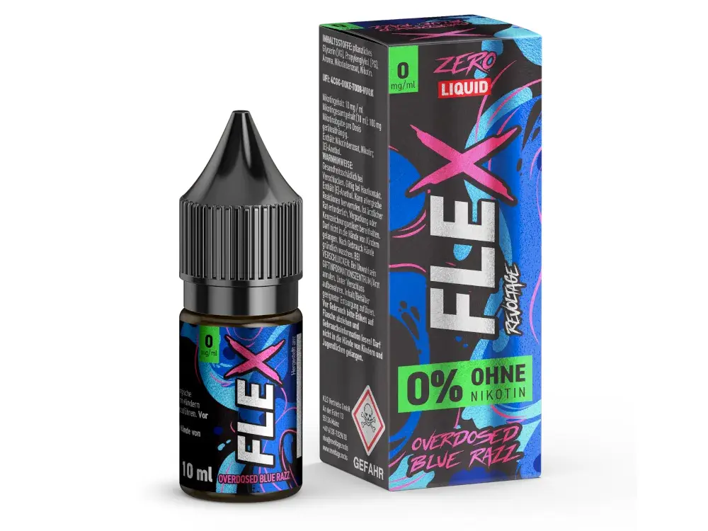 Revoltage Flex Overdosed Blue Razz Nikotinsalz-Liquid 10ml – Flasche und Verpackung in Blau-Rot, 0% Nikotin
