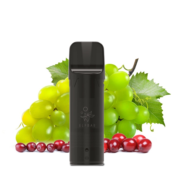 Elfbar Elfa Prefilled Pod Cranberry Grape 20mg/ml, schwarzer Pod-Stick vor Weintrauben und Cranberrys