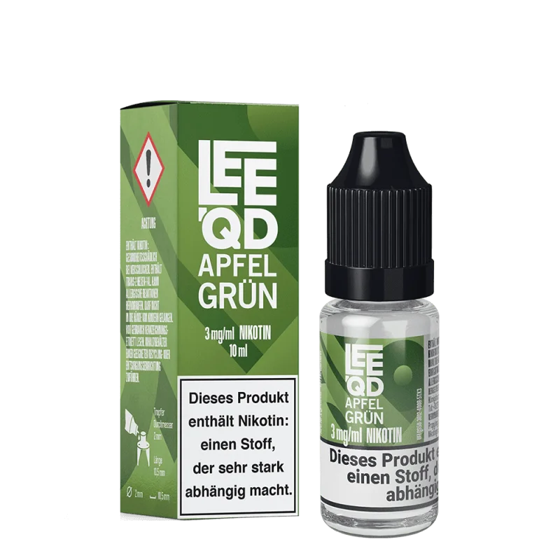 LEEQD Apfel Grün 10ml eLiquid – kleine Flasche mit grüner Etikettierung neben grüner Schachtel