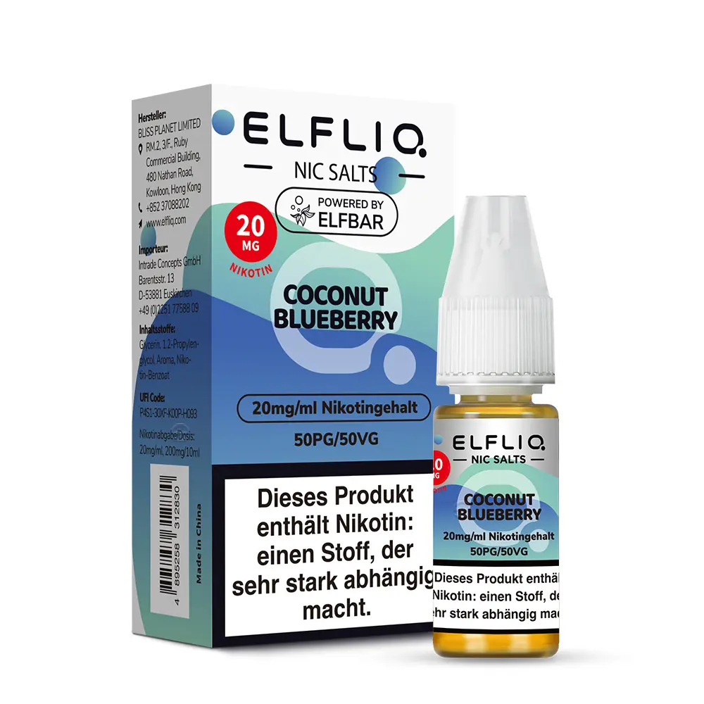 Elfbar Elfliq Coconut Blueberry 10ml Nikotinsalz-Liquid, Produktfoto mit Warnhinweis-Klappseite, 20mg