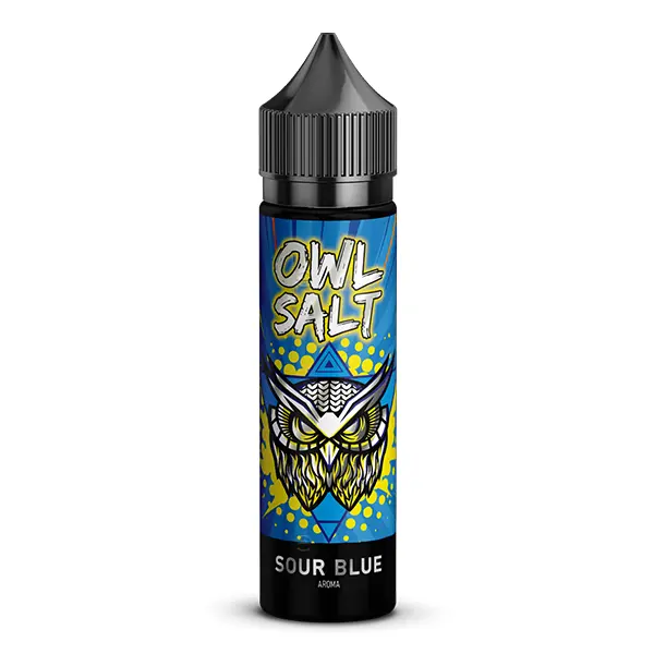 owl-salt-sour-blue-aroma-2.jpg OWL Salt Sour Blue Longfill 60ml schwarze Flasche mit bunt verziertem Eulen-Motiv, Vorderansicht