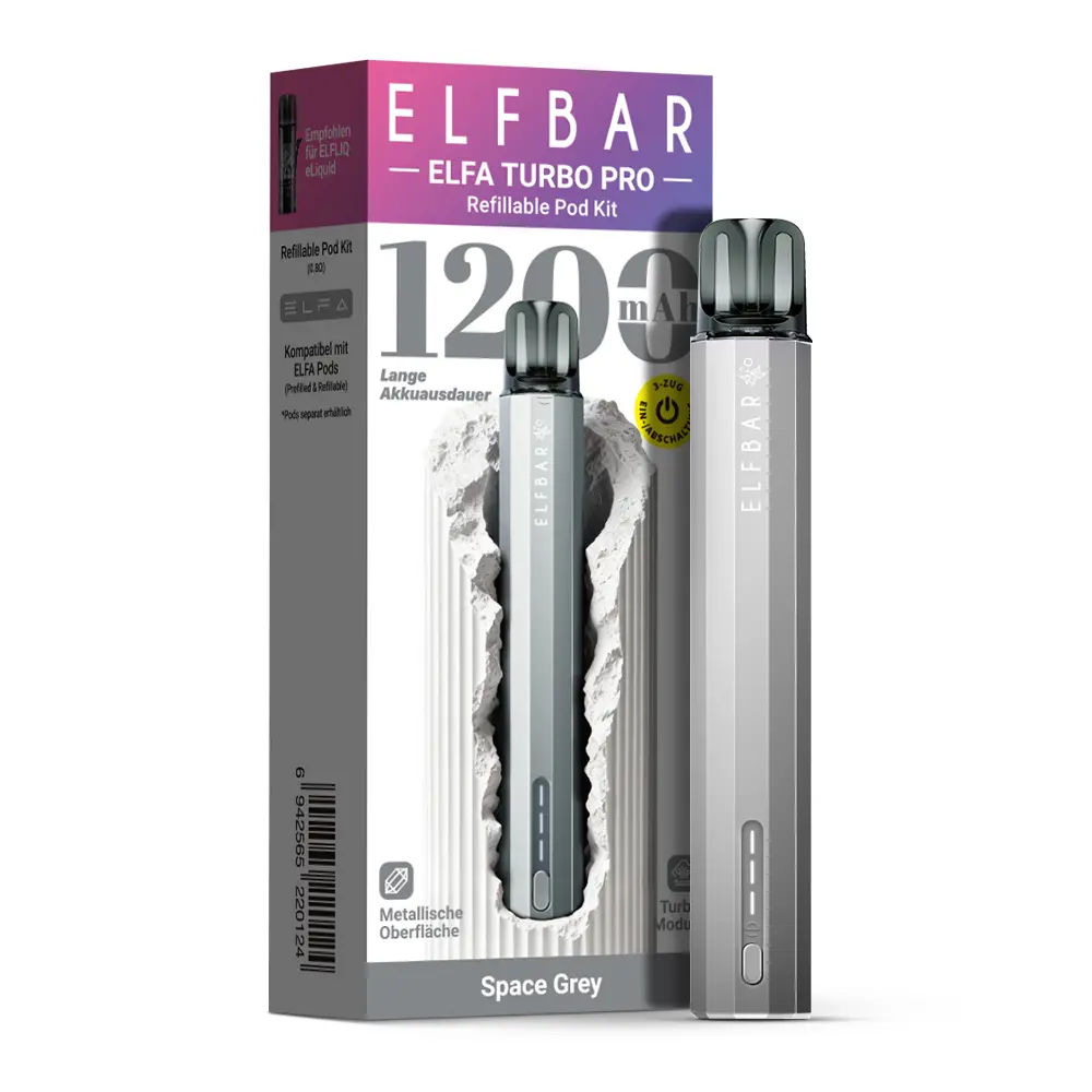 Elfbar Elfa Turbo Pro Refillable Pod Kit in Space Grey – Gerät und Verpackung mit 1200-mAh-Angabe
