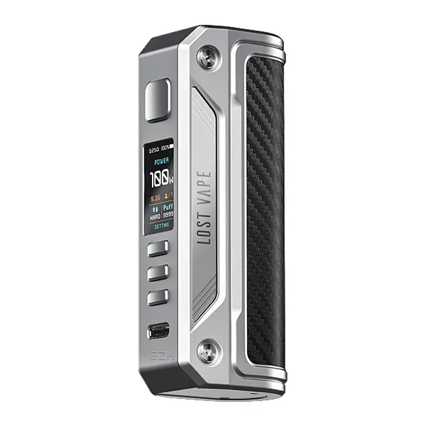 Lost Vape Thelema Solo 100W Mod Akkuträger in Silber mit schwarzem Carbon-Seitenpanel, Frontansicht