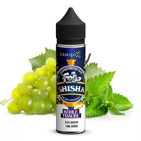 source218742.jpg Dr. Fog Shisha Kühle Traube Longfill in 60ml Flasche mit grünen Weintrauben und Minze auf der Verpackung