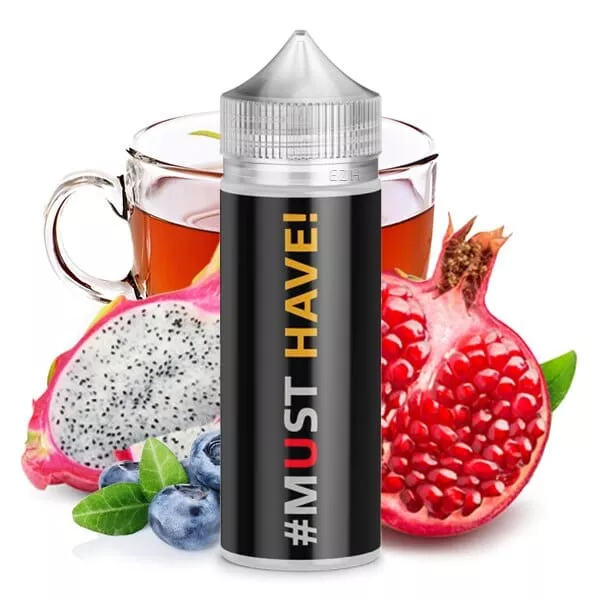 Must Have Remake U Longfill große Flasche mit schwarzem Etikett, Tee und Früchte im Hintergrund