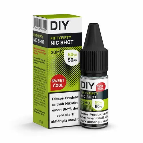 DIY Base Fiftyfifty Nikotinshot Sweet & Cool 20mg/ml – grüne 10ml Flasche neben Verpackungsschachtel
