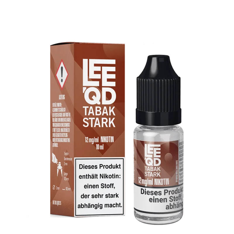 LEEQD Tabak Stark 10ml eLiquid – Flasche neben brauner Verpackung, Frontansicht