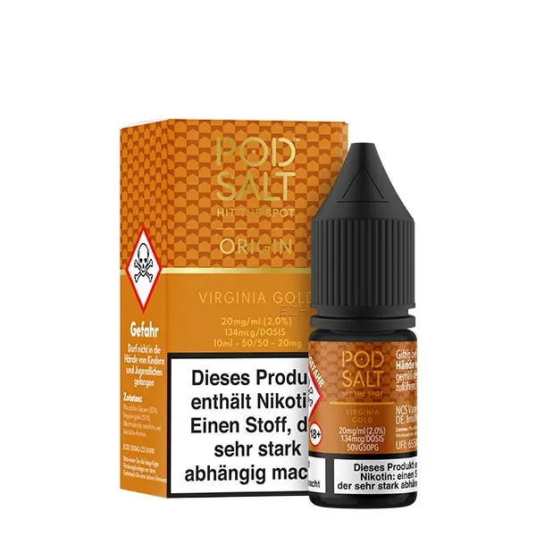 source303300.jpg PodSalt Origin Virginia Gold 10ml Nikotinsalz-Liquid – Flasche mit orangefarbener Verpackungsschachtel, Frontansicht