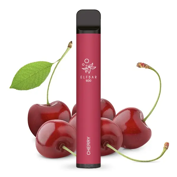 Elfbar 600 Einweg E-Zigarette Cherry in Dunkelrot, 20mg/ml, mit roten Kirschen im Hintergrund