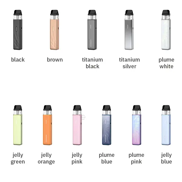 Vaporesso XROS 6 Mini Pod Kit – Übersicht aller erhältlichen Farben: Black, Brown, Titanium Black, Silver, Plume White, Jelly-Töne