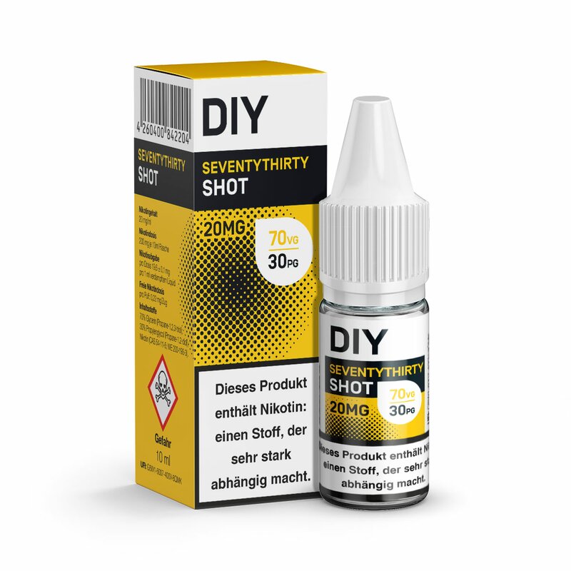 DIY Seventythirty Nikotinshot 70/30 20mg/ml – 10ml-Flasche und Schachtel mit gelb-schwarzem Etikett