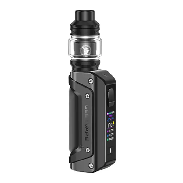 GeekVape Aegis Solo 3 Kit 18650 in Schwarz-Grau, Mod mit aufgesetztem Tankverdampfer und Display, Schrägansicht