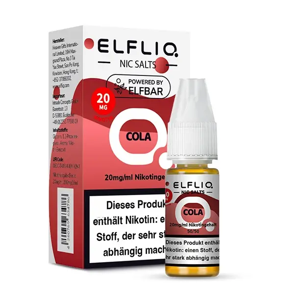 Elfliq Cola Nikotinsalz-Liquid 10ml Flasche mit roter Verpackung, 20mg, von Elfbar