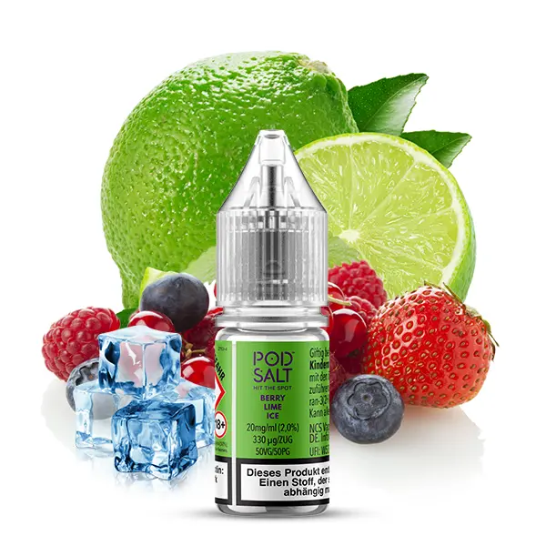 pod-salt-xtra-berry-lime-ice-liquid-1.jpg PodSalt Xtra Berry Lime Ice 10ml Nikotinsalz-Liquid, grüne Flasche mit Beeren, Limette und Eiswürfeln